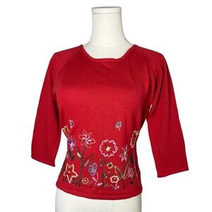 90s Vintage Bonnie & Bill Red Floral Embroidered Tie Back Crewneck Sweater
